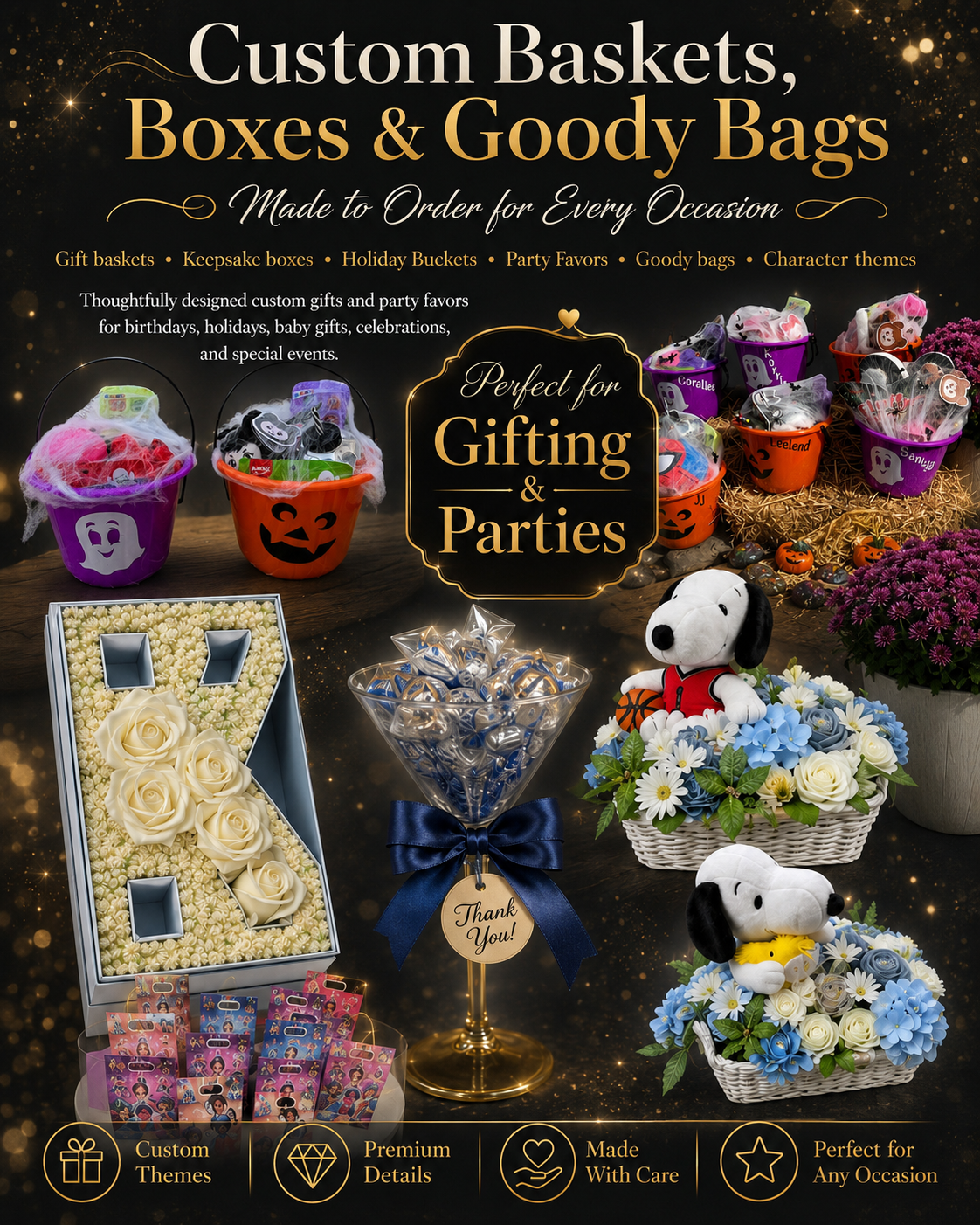 Seasonal custom baskets, boxes, and goody bags for gifting and parties