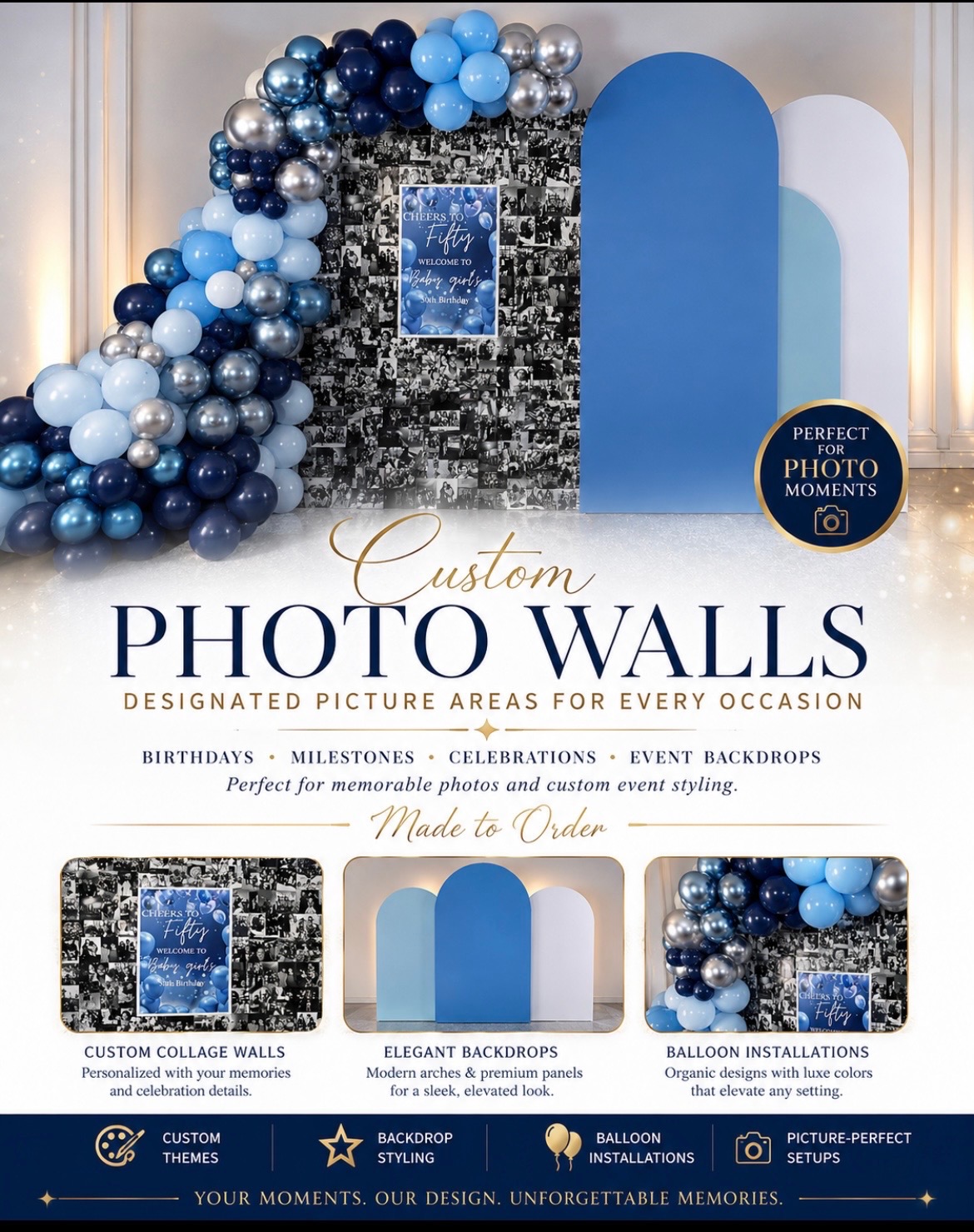 Custom photo walls and balloon installations for memorable picture areas